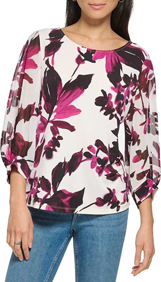 Calvin Klein Women's Crew Neck Matte Jersey Long Chiffon Sleeve Blouse