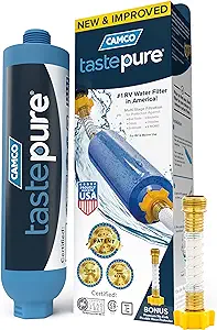 Camco 40043 TastePure RV/Marine Water Filter with Flexible Hose Protector | Protects Against Bacteria | Reduces Bad Taste, Odors, Chlorine and Sediment in Drinking Water