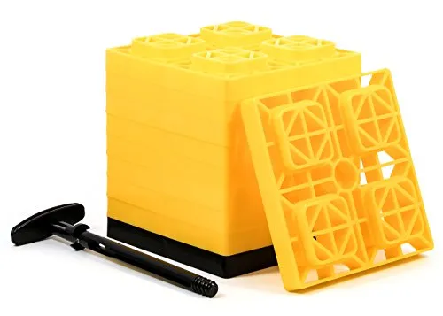 Camco FasTen 2x2 RV Leveling Block For Single Tires, Interlocking Design Allows Stacking To Desired Height, Includes Secure T-Handle Carrying System, Yellow (Pack of 10)