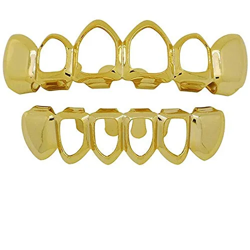 canjoyn 18K Gold Silver Open Face Outline 6 Teeth Grillz + Extra 2 Molding Bars