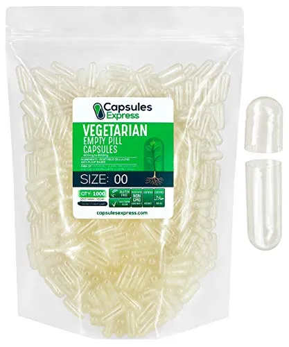 Capsules Express- Size 00 Clear Empty Vegan Capsules 1000 Count - Kosher and Halal - Vegetarian / Vegetable Pill Capsule - DIY Powder Filling