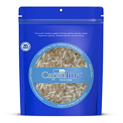 Capsuline Size 000 Gelatin Empty Capsules, 5000 Count, Empty Gel Pill Capsules, DIY Pure Bovine Pill Capsule Filling, Empty Caps, Kosher, Gluten Free and Non-GMO Certified, Clear