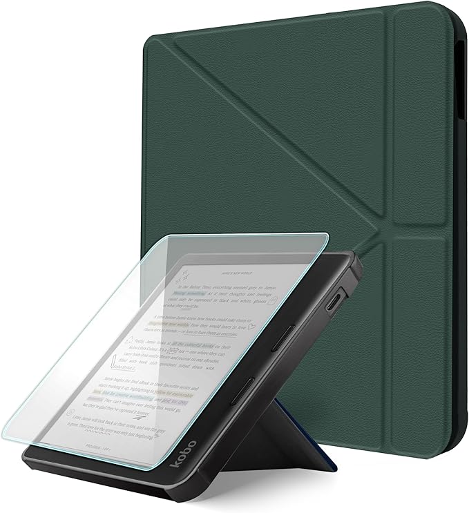 Case for Kobo Libra Colour (2024) & Libra 2 - Vegan Leather Cover with Origami Stand & Auto Wake/Sleep, Includes Screen Protector, Compatible with Model N428 & N418 (Dark Green, 7 inch)