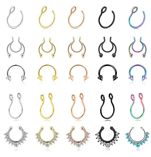 CASSIECA 25Pcs Stainless Steel Fake Septum Nose Hoop Rings for Women Men Faux Lip Ear Nose Septum Ring Non-Pierced Clip On Nose Hoop Rings Body Piercing Jewelry