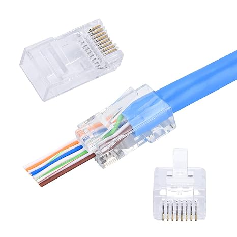 CAT6 RJ45 Pass Through Connector, 100-Pack CAT6 Ends, Gold Plated Contacts, Transparent Ethernet Cable Crimp Connectors UTP Network Plug for Solid Wire and Standard Cable