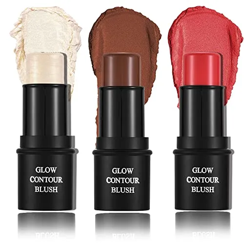 CCbeauty Contour Bronzer highlighter Blush Stick, Multi Stick Trio Creamy Shimmer Highlight Bronze Sticks for Cheek Eye, Face Brighten Contouring Shaping Blushes Pencil Set, Professional Facial Makeup Kit, 3Pcs