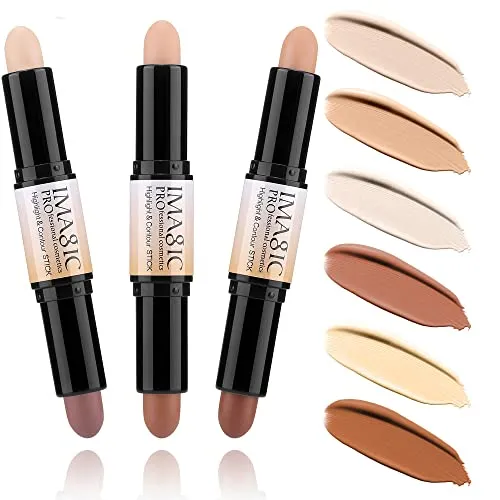 CCbeauty Wonder Stick 6 Colors Face Dual-ended Highlighter Sticks Cream bronzer Contour Stick Cosmetics Concealer Makeup Set, 2-IN-1 3D Buildable Body Face Brightens & Shades Highlight Contouring Make Up Kit,Foundation Cream Pen,3pcs