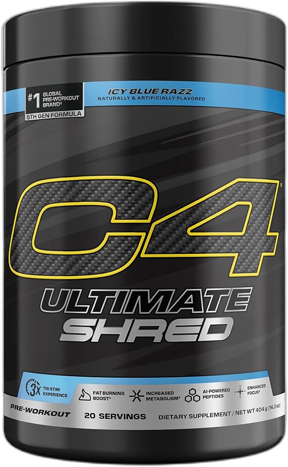 Cellucor C4 Ultimate Shred Pre Workout Powder, Fat Burner for Men & Women, Metabolism Supplement with Ginger Root Extract, ICY Blue Razz, 20 Servings (Pack of 1)