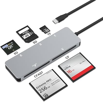 CFast 2.0 Card Reader, USB C CFast Card Reader 3.0 5Gbps CFast/CF/SD/TF/XD - 5 in 1 Memory Card Reader/Adapter for San Disk, Lexar, Transcend, Sony Card, Read CFast/TF/SD/XD/CF 5 Cards Simultaneously