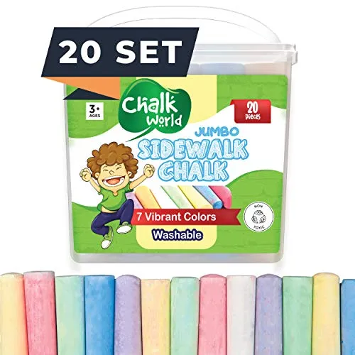 Chalk World Jumbo Sidewalk Chalk Sets For Kids, 20 Pieces, 7 Colors of Bright & Vibrant Jumbo Chalk, Washable, Non-Toxic Outdoor Chalk, Sidewalk Chalk Bulk, Driveway Chalk That Doesn't Roll