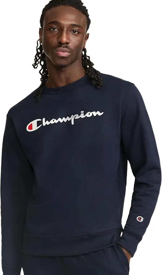 Champion Men's Graphic Powerblend Fleece Crew, Navy Script, Medium
