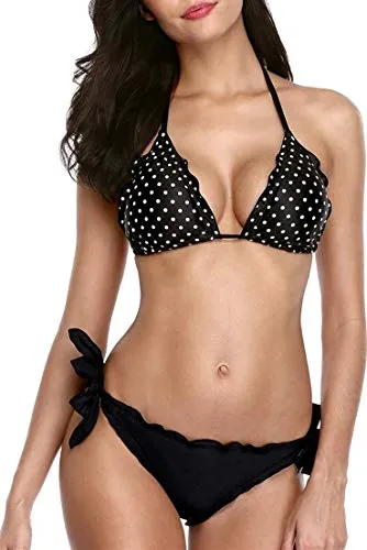 CharmLeaks Women String Triangle Bikini Swimsuit Polk Dot Black Bikini Tie Side Bikini Set XL
