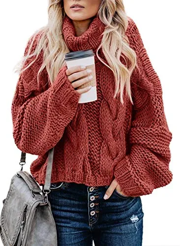 Chase Secret Womens Turtleneck Knit Sweater Winter Warm Soft Pullover Sweater Trendy Solid Long Sleeve Ladies Loose Jumper Tops RedLarge