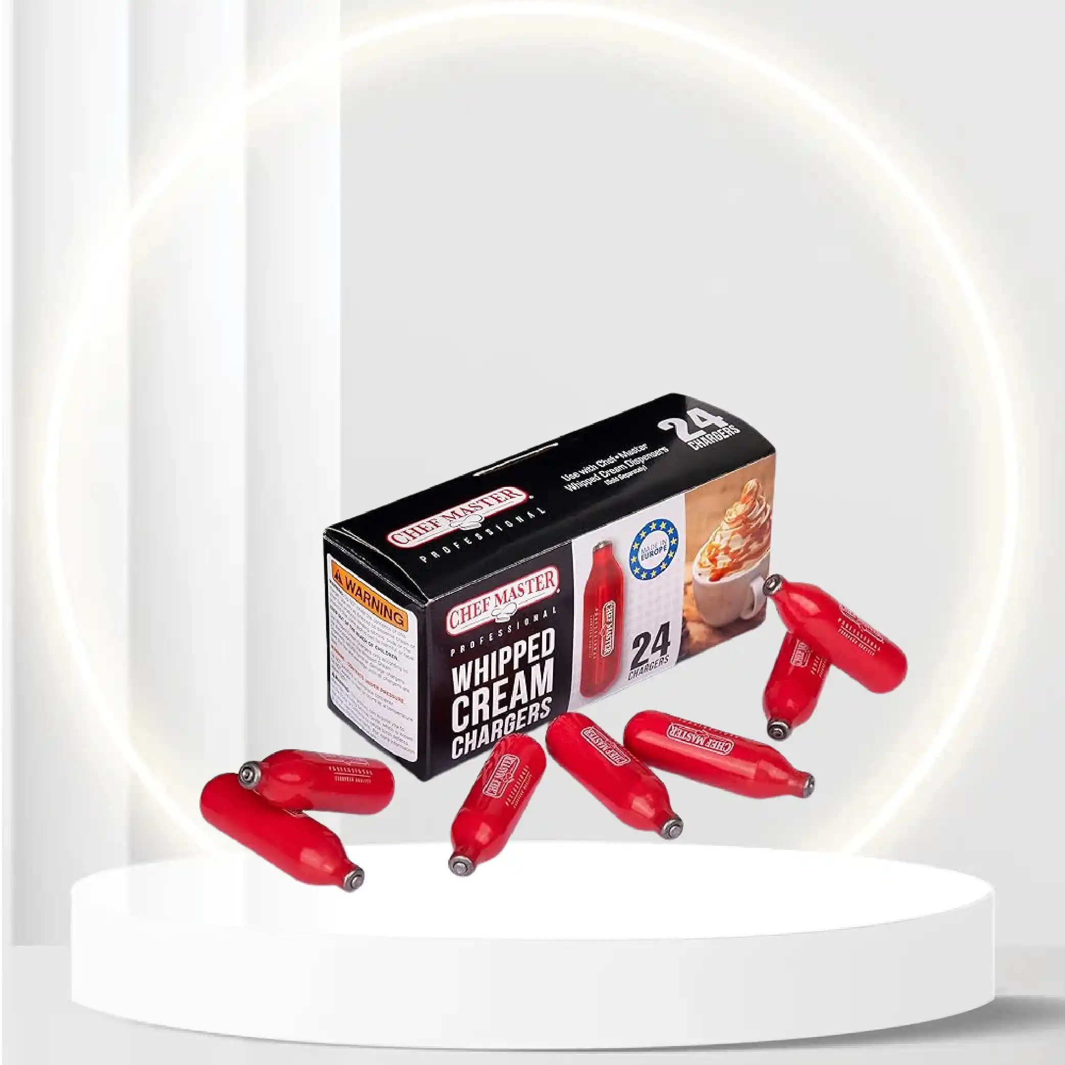 Chef Master N20 Whipped Cream Chargers, Food Safe Low Carbon Steel, Nitrious Oxide Whipped Cream Cartridges Universal Fit for All Whip Cream Dispenser & Makers - Made in Europe (Pack of 24)