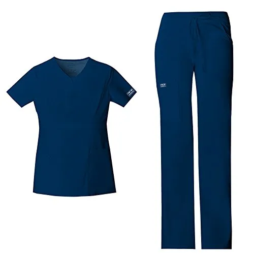 CHEROKEE Women's Workwear Core Stretch Junior Fit V-Neck Scrub Top 24703 & Junior Fit Low-Rise Drawstring Cargo Scrub Pants 24001 Medical Scrub Set (Navy - X-Large/Large)
