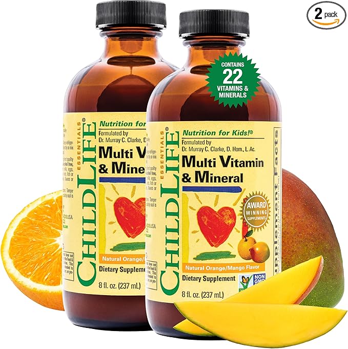 ChildLife Essentials Multi Vitamin and Mineral for Infants, Babys, Kids, Toddlers, Children, and Teens Natural Orange/Mango Flavor, 8 Ounce (Pack of 2)