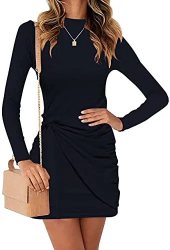 Chriselda Womens Long Sleeve Mini Dress for Women Tie Waist Dress Round Neck T Shirts Dress for Women Fitting Petite Navy XXL