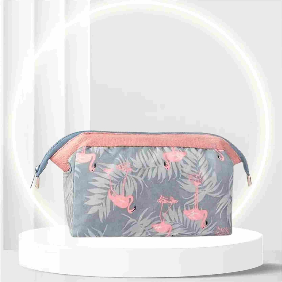 CHUHUAYUAN Travel Cosmetic Bag for Women Girls, Multifunctional Toiletry Brush Storage Makeup Bags,Small and Portable Zippered Make-up Cube Pouch with Cute Pattern .(Light Blue Flamingo)