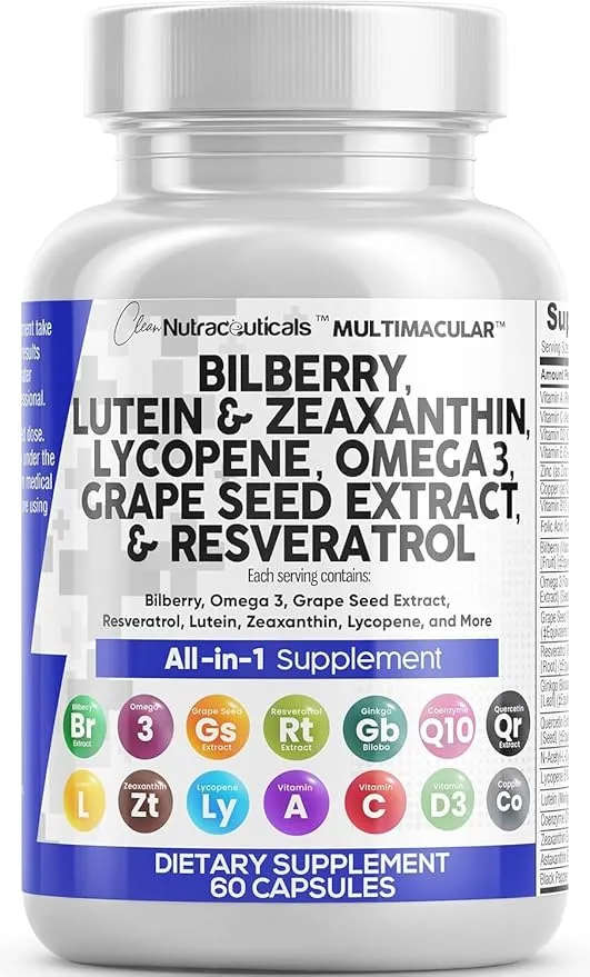 Clean Nutra Eye Vitamins with Bilberry Lutein and Zeaxanthin Supplements Lycopene 40mg Resveratrol Grape Seed Astaxanthin for Eyes - Eye Care Health Support Eye Vitamin and Mineral Supplement