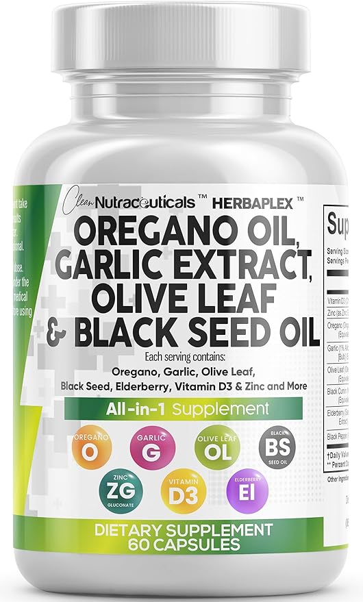 Clean Nutra Oregano Oil with Black Seed Oil Garlic Olive Leaf Extract - Oil of Oregano Capsules Immune Support Carvacrol & Thymoquinone Supplement for Women and Men + Elderberry Vitamin D3 & Zinc