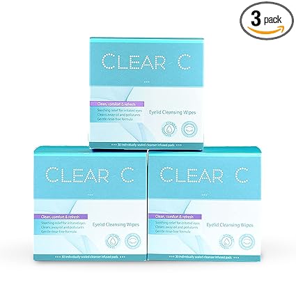 Clear C Eyelid Wipes Pre-Moistened for Dry Eyes  Rinse Free Eye Lid Cleaning  Individually Wrapped Travel Eye Wipes, 3 Boxes of 30
