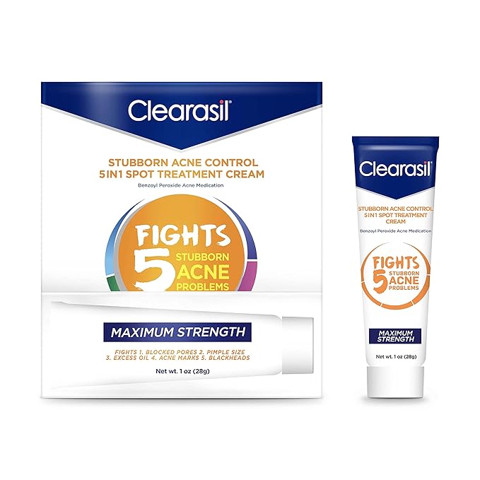 Clearasil Stubborn Acne Control 5in1 Spot Treatment Cream, Maximum Strenght with 10% Benzoyl Peroxide, Acne Medication, 1 oz