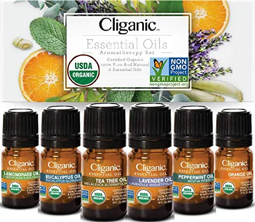 Cliganic USDA Organic Aromatherapy Essential Oils Set (Top 6), 100% Pure Natural - Peppermint, Lavender, Eucalyptus, Tea Tree, Lemongrass & Orange | Cliganic 90 Days Warranty