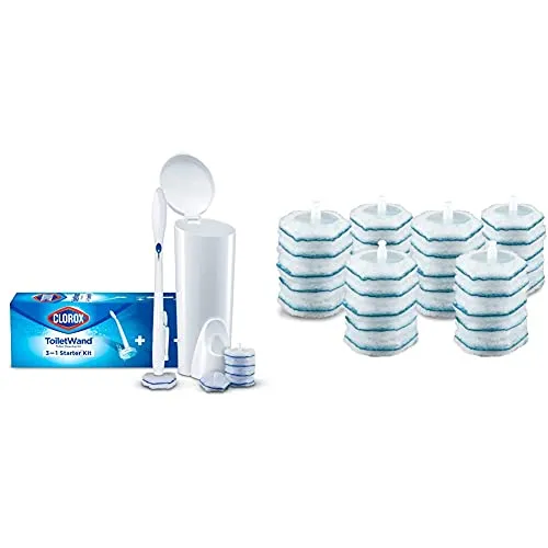 Clorox ToiletWand Disposable Toilet Cleaning System (ToiletWand, Storage Caddy and 6 Refill Heads) and ToiletWand Disinfecting Refills , Rainforest Rush (30 Count) Bundle