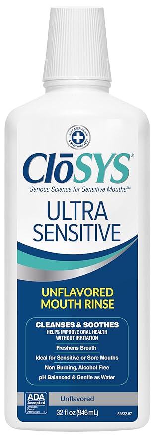 CloSYS Ultra Sensitive Mouthwash, 32 Ounce, Unflavored (Optional Flavor Dropper Included), Alcohol Free, Dye Free, pH Balanced, Helps Soothe Mouth Sensitivity, Kills Germs that Cause Bad Breath