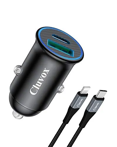 Cluvox USB C Car Charger, 30W PD Fast Charging [Mini & All Metal] Car Adapter Compatible for Apple iPhone 12 Pro Max/mini/11/XS/XR/X/8 Plus/SE 2020/iPad + 3ft MFi Certified Type C to Lightning Cable