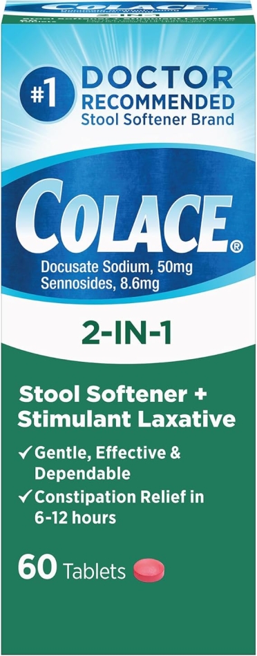 Colace 2-In-1 Stool Softener Plus Stimulant Laxative for Gentle Effective Constipation Relief, Docusate Sodium Plus Sennosides, 60 Count