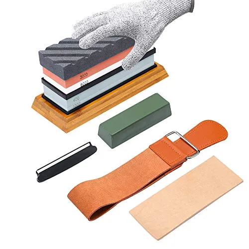 Complete Knife Sharpening Stone Kitï¿½400/1000 and 3000/8000 Grit Whetstone set, Professional wet stone sharpeners kit with Flattening Stone, Leather Strop, Angle Guide, Gloves and Non-slip Bamboo Base