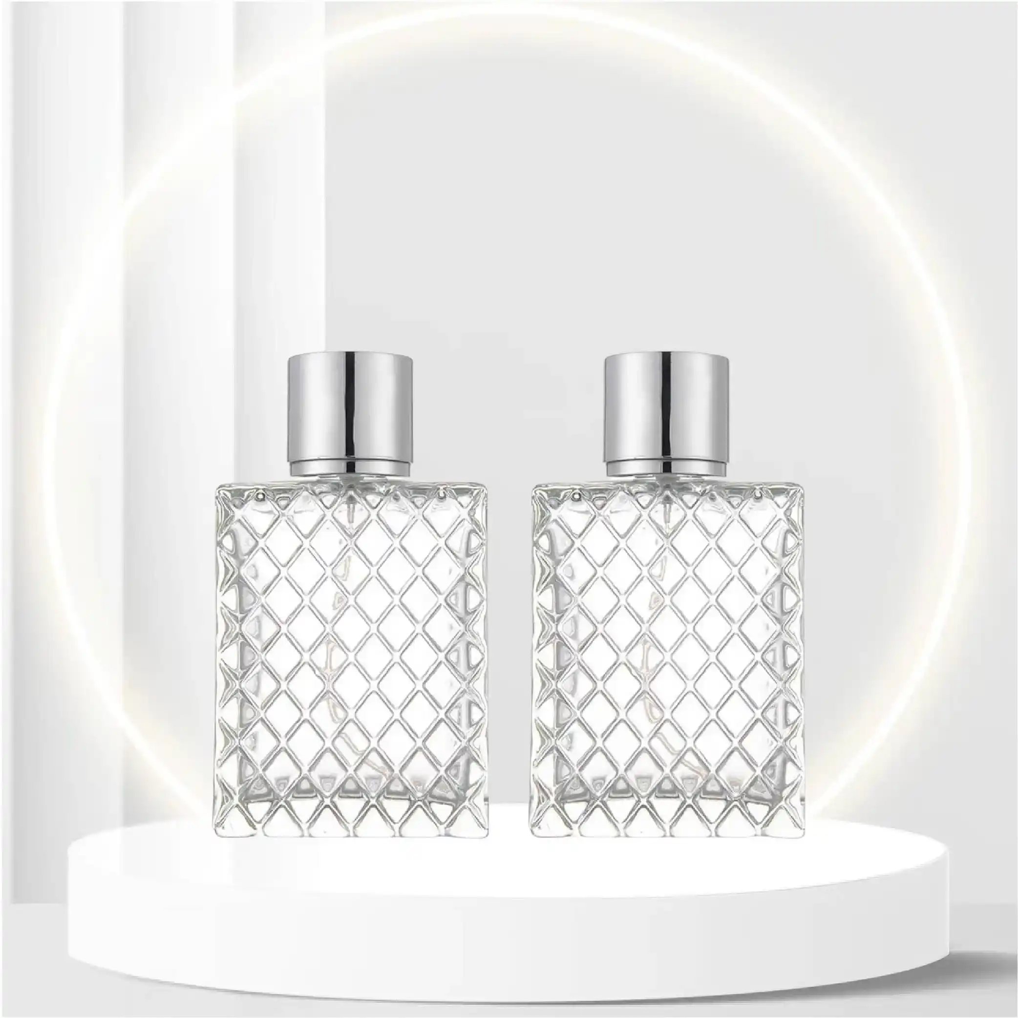 ConStore 2pcs 100ml Square Grids Carved Perfume Bottles Clear Glass spray bottle Empty Refillable fine mist Atomizer Portable Travel Cologne Atomizers Fragrance Containers Sprayer for Party Home