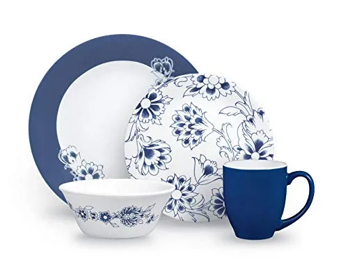 Corelle Indigo Blooms Chip & Break Resistant 16pc Dinner Set, Service for 4, Vitrelle glass