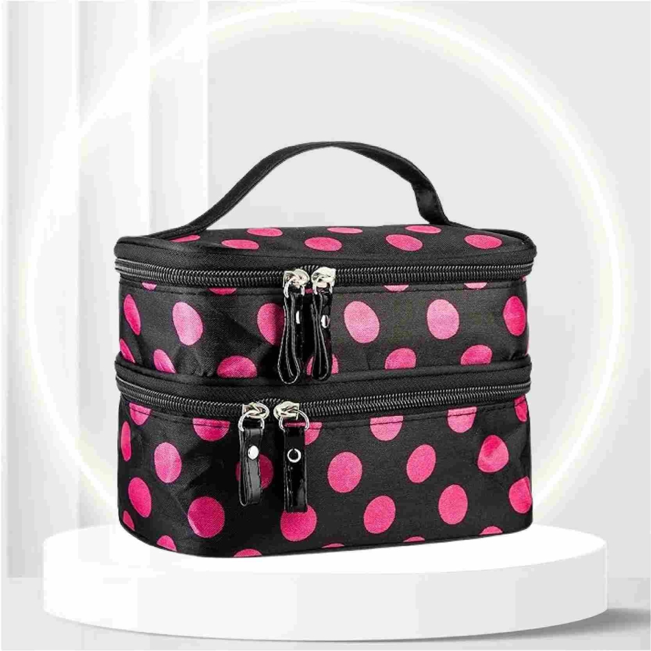 Cosmetic Bag MakeUp Case Double Layer Dot Pattern Portable Waterproof Wear Resistance Durable With 2 Zipper Holder With Mirror Travel Toiletry Bag Organizer (Red Rose)
