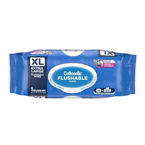 Cottonelle XL Flushable Wipes for Adults, Extra Large, 4 Flip-Top Pack, 240 Hypoallergenic Wipes Total