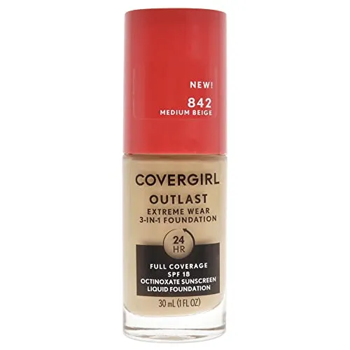 Covergirl Outlast Extreme Wear 3-in-1 Full Coverage Liquid Foundation, SPF 18 Sunscreen, Medium Beige, 1 Fl. Oz.