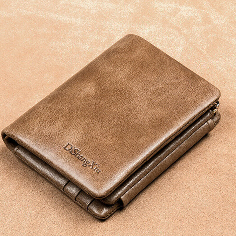 Cowhide Leather Men's Trifold Wallet RFID Blocking Card Holder Zipper Coin Purse