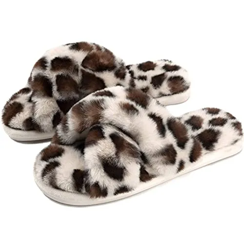 Cozyfurry Women's Fuzzy Slippers Cross Band Soft Plush Cozy House Shoes Furry Open Toe Indoor or Outdoor Slip on Warm Breathable Anti-skid Sole Leopard Beige 7-8