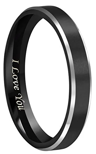 Crownal 4mm Black Tungsten Couple Wedding Bands Rings Men Women Polished Beveled Edges Matte Brushed Finish Engraved