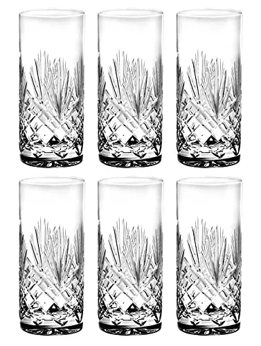 Crystal Highball Tumbler - Glass - Set of 6 HB Tumblers - Hiball Glasses - Hand Cut Crystal - Drinking Tumblers - for Water, Juice, Wine, Beer and Cocktails - 13 oz. - by Barski - Made in Europe