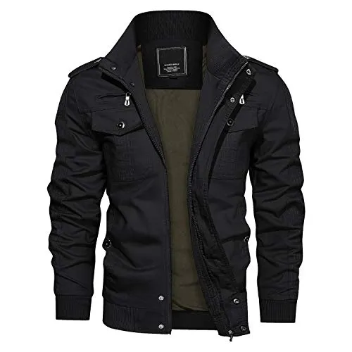 CRYSULLY Men's Autumn Winter Cotton Military Jackets Classic Thermal Cargo Jackets Bomber Coat Black