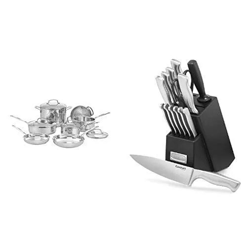 Cuisinart 77-11G Chef's Classic Stainless 11-Piece Cookware Set & Cuisinart 15-Piece Stainless Steel Hollow Handle Block Set, C77SS-15PK