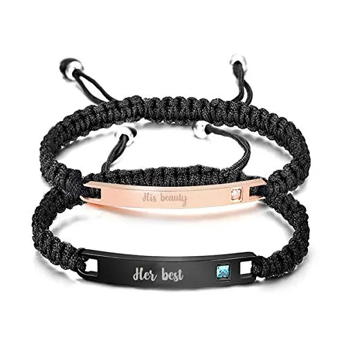 Custom Couple Bracelets, Engraved His and Hers Matching Set Bar Bracelet Personalized Rope Braided Nameplate ID Bracelet for Lover,WOWTIFY Customized BFF Bracelet