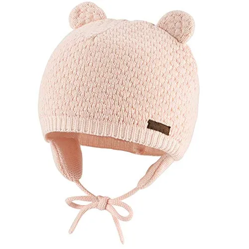 Cute Baby Beanie Earflaps Hat - Infant Toddler Soft Warm Knitted Hat for Girls Boys Kids Winter Hat with Cotton Lining(Pink,S)