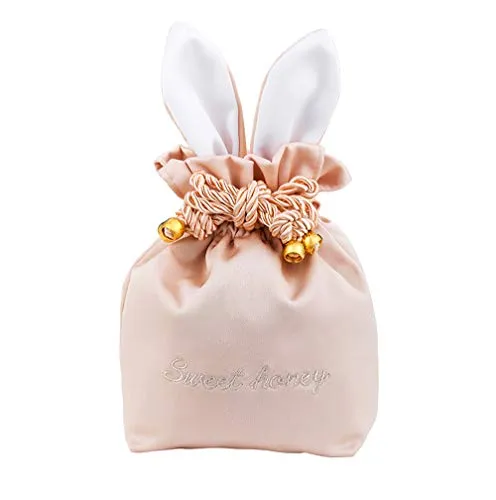 Cute Cosmetic Organizer Drawstring Silk Bag Jewelry Bag Coin Purses Key Bags Cash Money Phone Pouches With Rabbit Ear Shape (Pink)