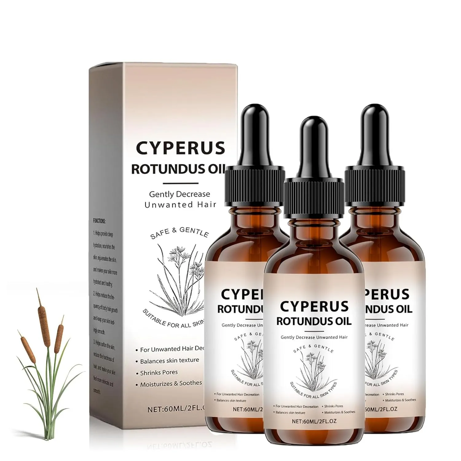 Cyperus Rotundus Oil, Cyperus Rotundus Oil for Hair Removal, Cyprus Oils for Body Hair Removal, Natural, Gentle, Reducing Body Hair Growth, Smooth Skin (3pcs, 60ml / 2fl oz)