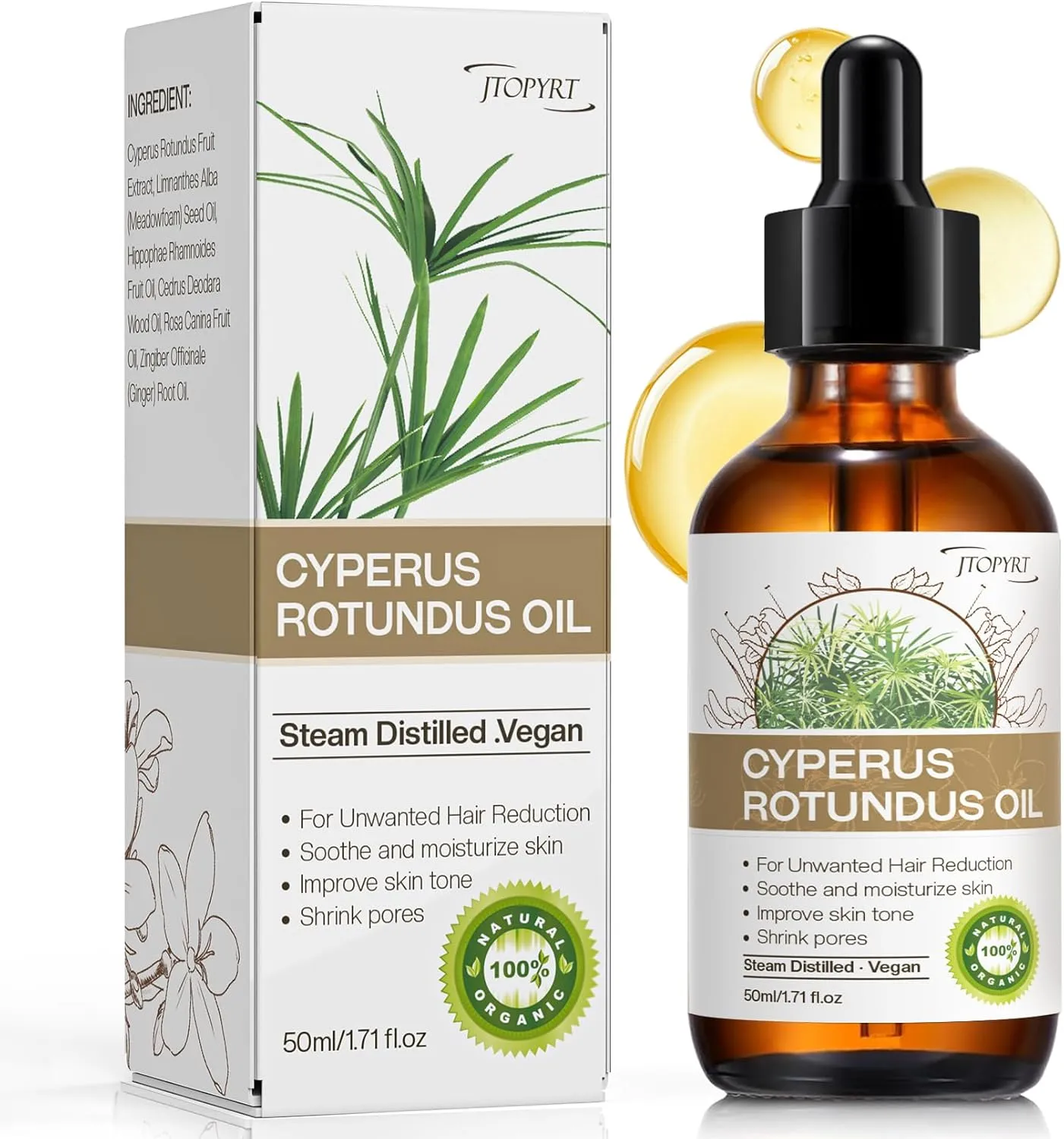 Cyperus Rotundus Oil for Hair Removal: Reduces Unwanted Hair Growth, Slows Regrowth, Soothes Skin & Shrinks Pores Suitable for All Skin Types (1.71 Fl Oz)