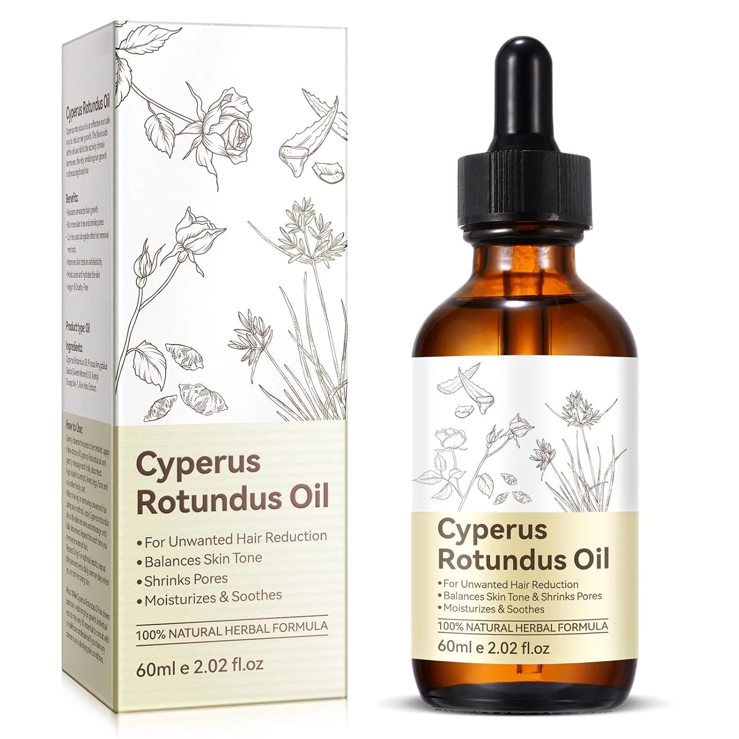 Cyprus Rotundus Oil for Hair Removal - Reducing Body Hair Growth | 100% Pure Cyperus Rotundus Essential Oil for Smooth Skin & Hair Removal, 60ml
