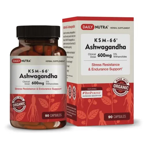 DailyNutra KSM-66 Ashwagandha 600mg Organic Root Extract - High Potency Supplement with 5% Withanolides | Stress Relief, Increased Energy and Focus (90 Capsules)